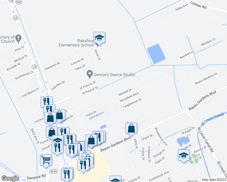 map of restaurants, bars, coffee shops, grocery stores, and more near 1562 Vicari Street in Houma