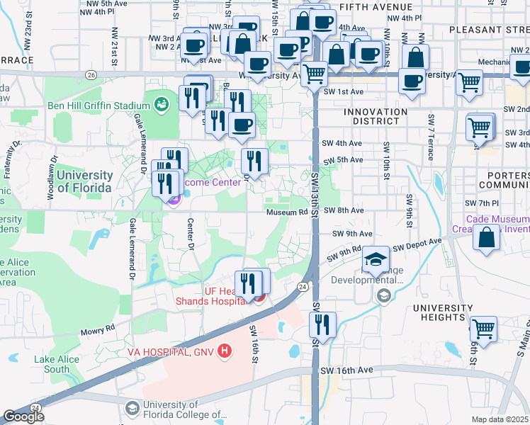 map of restaurants, bars, coffee shops, grocery stores, and more near in Gainesville