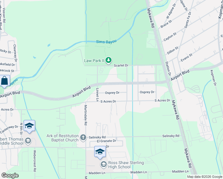 map of restaurants, bars, coffee shops, grocery stores, and more near 6202 Osprey Drive in Houston