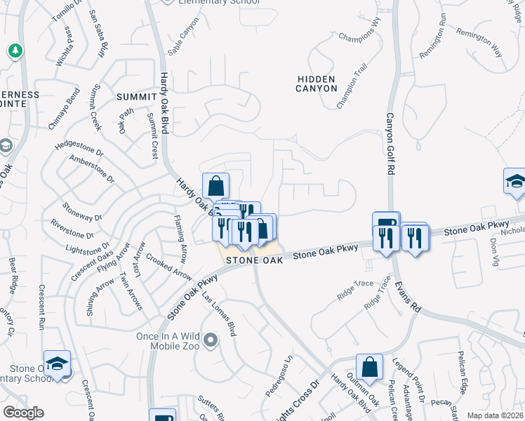 map of restaurants, bars, coffee shops, grocery stores, and more near 21703 Rugged Hills in San Antonio