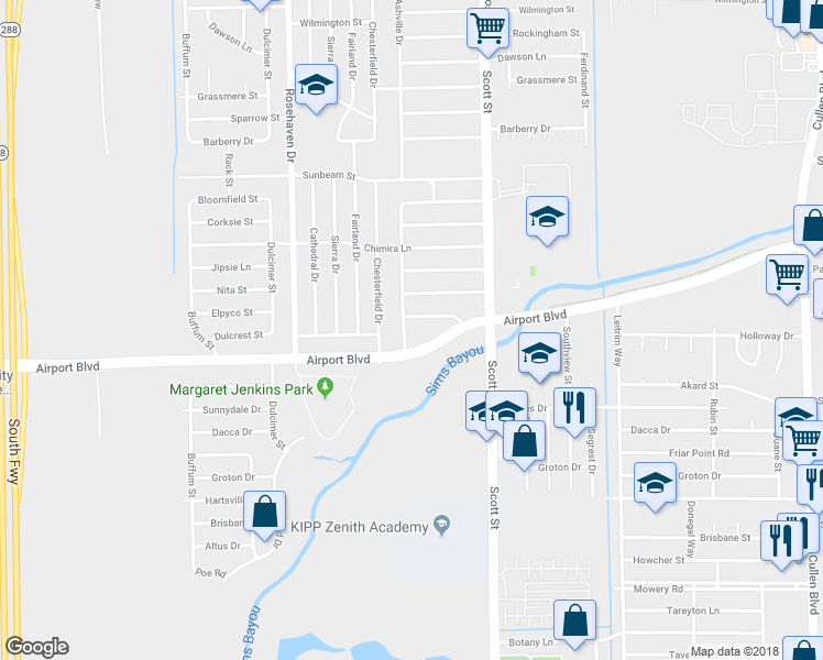 map of restaurants, bars, coffee shops, grocery stores, and more near 10531 Ashville Drive in Houston