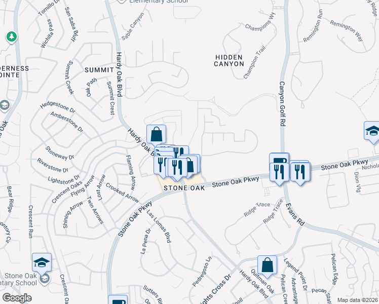 map of restaurants, bars, coffee shops, grocery stores, and more near 21703 Rugged Hills in San Antonio