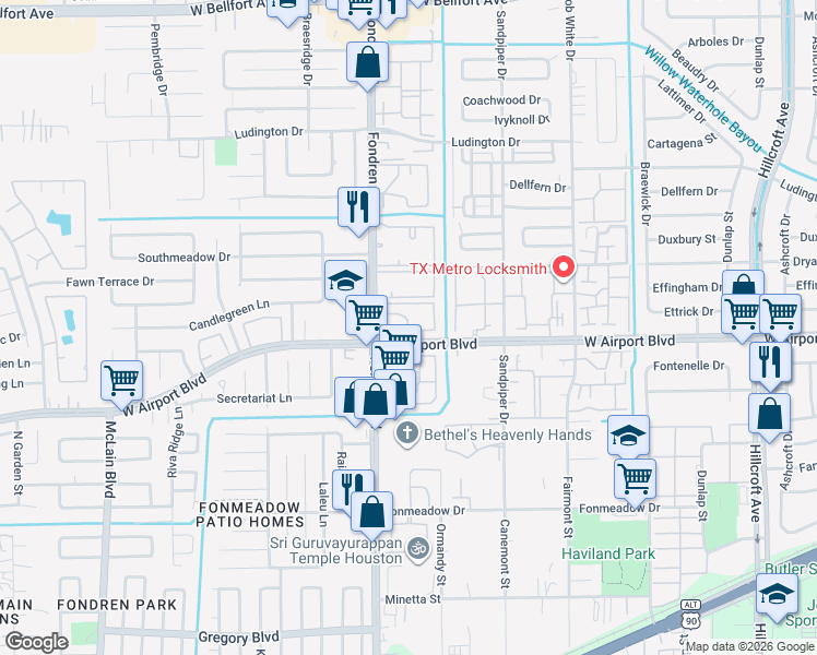 map of restaurants, bars, coffee shops, grocery stores, and more near 12211 Fondren Road in Houston