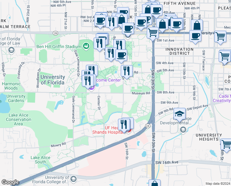 map of restaurants, bars, coffee shops, grocery stores, and more near 1310 Museum Road in Gainesville