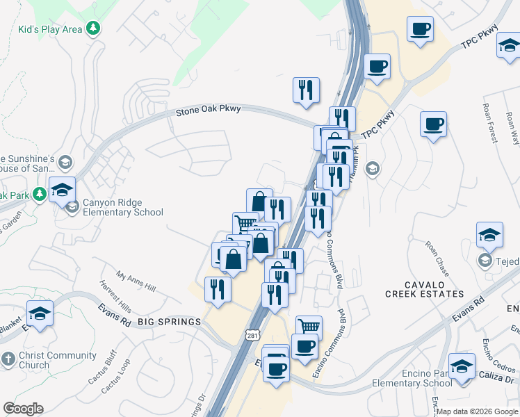map of restaurants, bars, coffee shops, grocery stores, and more near 21915 U.S. 281 in San Antonio