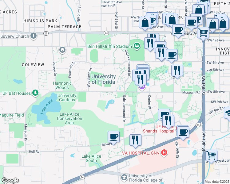 map of restaurants, bars, coffee shops, grocery stores, and more near Museum Road in Gainesville