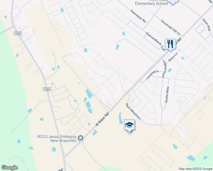 map of restaurants, bars, coffee shops, grocery stores, and more near 1420 West Klein Road in New Braunfels