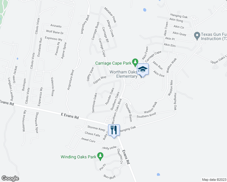 map of restaurants, bars, coffee shops, grocery stores, and more near 5710 Thunder Oaks in San Antonio