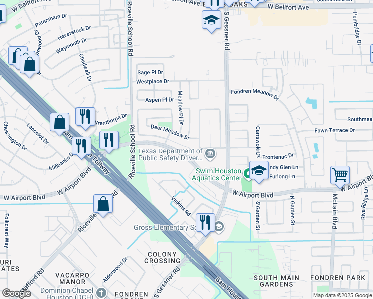 map of restaurants, bars, coffee shops, grocery stores, and more near 8729 Fondren Village Drive in Houston