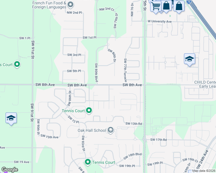 map of restaurants, bars, coffee shops, grocery stores, and more near 818 Southwest 80th Terrace in Gainesville