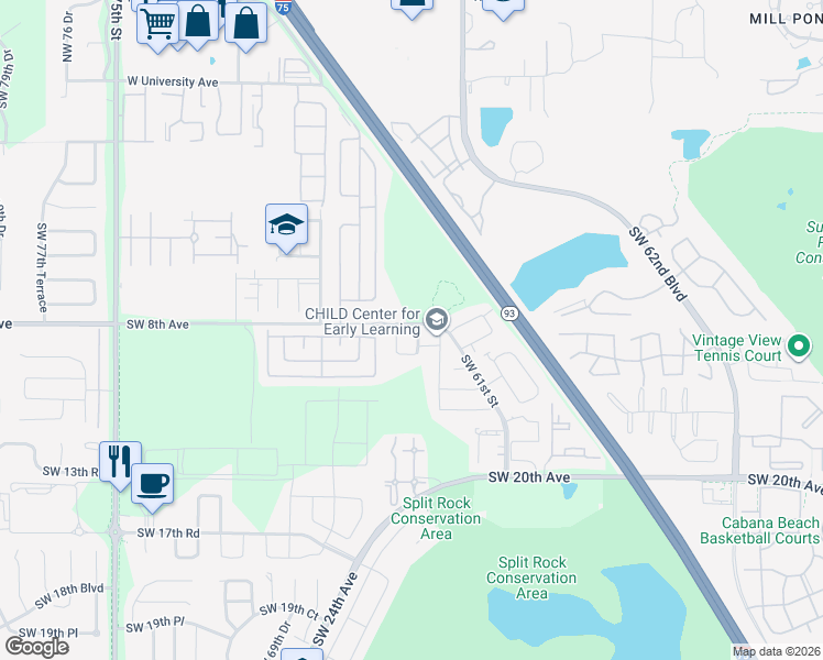 map of restaurants, bars, coffee shops, grocery stores, and more near 818 Southwest 63rd Terrace in Gainesville