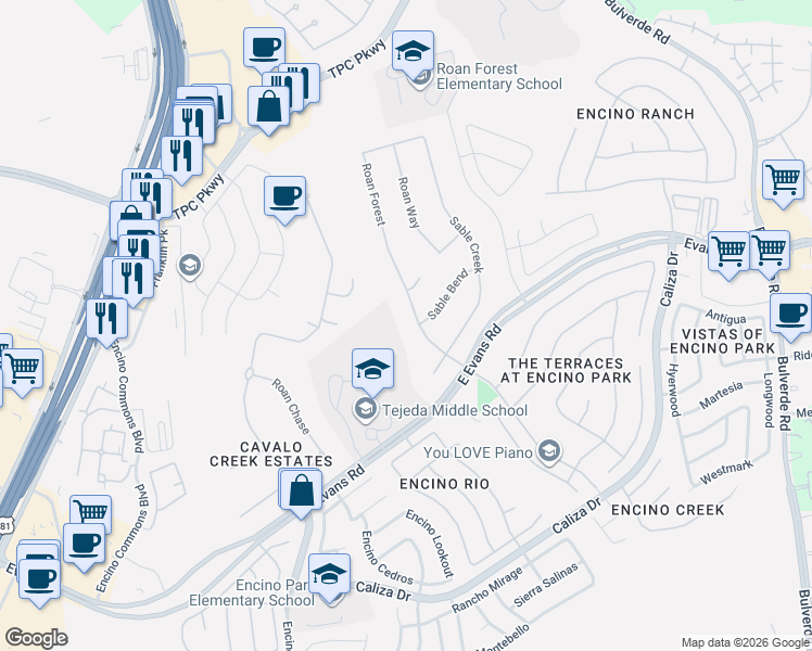 map of restaurants, bars, coffee shops, grocery stores, and more near 22219 Roan Forest in San Antonio
