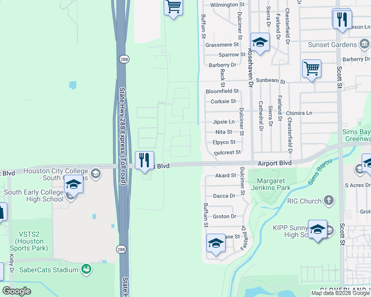 map of restaurants, bars, coffee shops, grocery stores, and more near 3074-3084 Airport Blvd in Houston