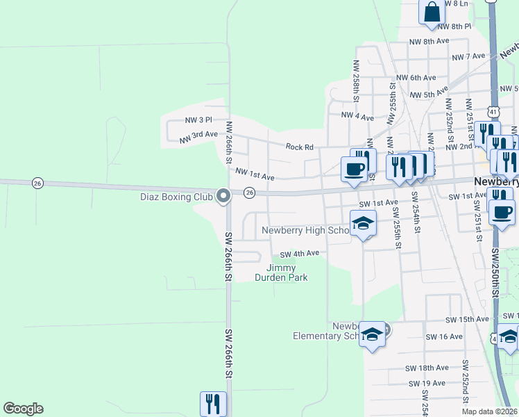 map of restaurants, bars, coffee shops, grocery stores, and more near 26503 Southwest 1st Avenue in Newberry