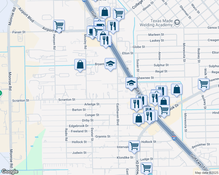 map of restaurants, bars, coffee shops, grocery stores, and more near 9334 Redford Avenue in Houston