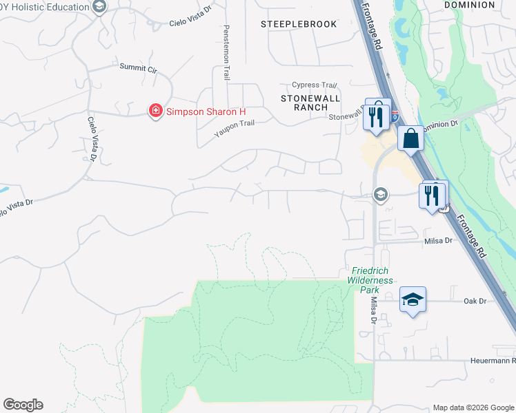 map of restaurants, bars, coffee shops, grocery stores, and more near 21703 Miranda Hill in San Antonio