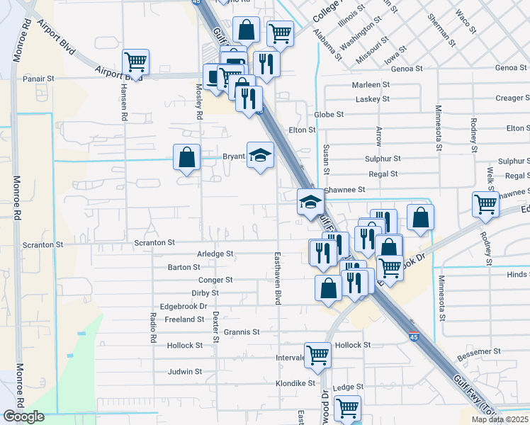 map of restaurants, bars, coffee shops, grocery stores, and more near 9334 Redford Avenue in Houston