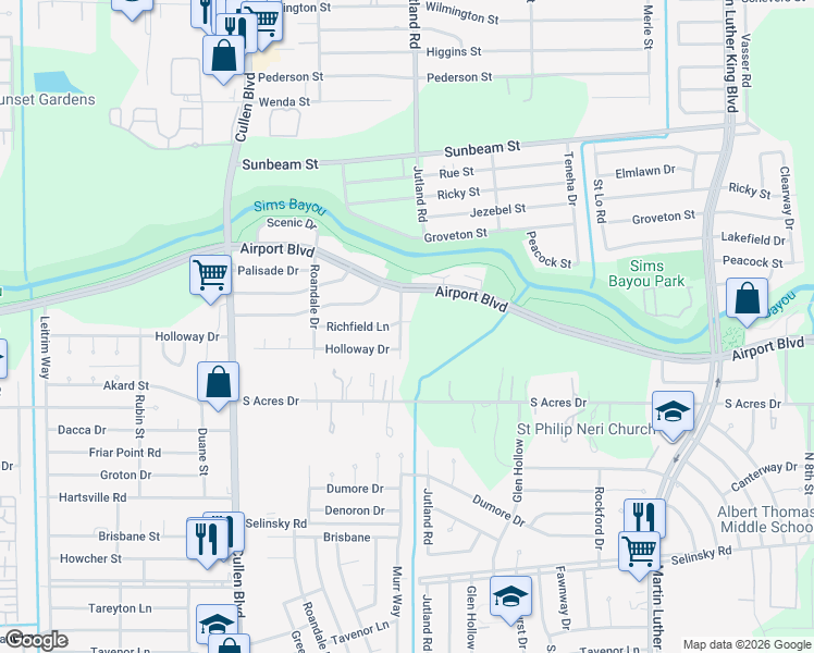 map of restaurants, bars, coffee shops, grocery stores, and more near 10601 Murr Way in Houston