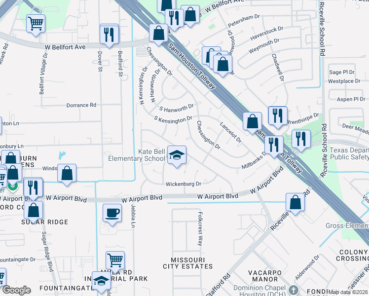 map of restaurants, bars, coffee shops, grocery stores, and more near 12323 Shaftsbury Drive in Houston