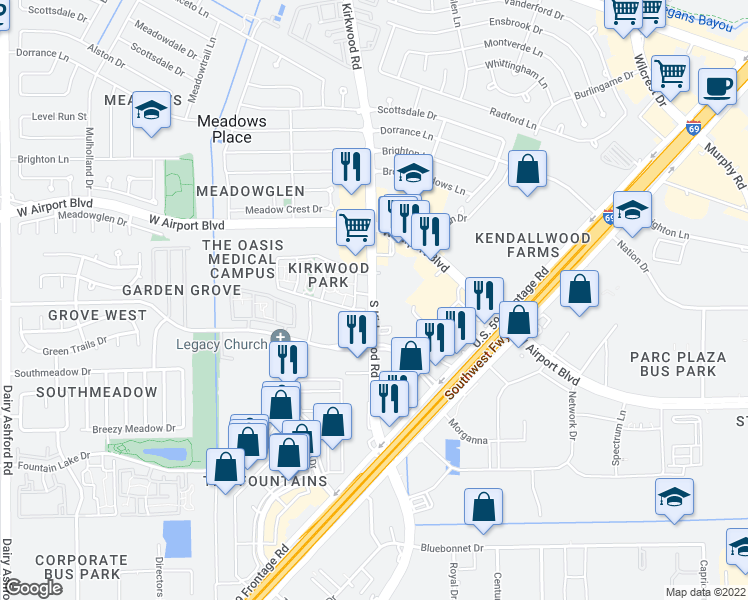 map of restaurants, bars, coffee shops, grocery stores, and more near 12257 South Kirkwood Road in Stafford