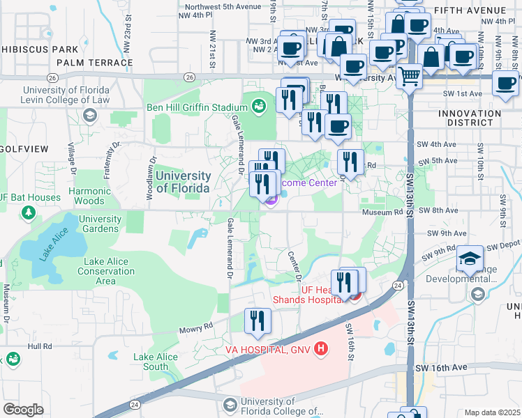 map of restaurants, bars, coffee shops, grocery stores, and more near 686 Museum Road in Gainesville