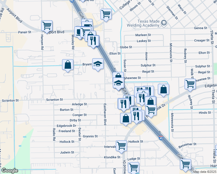 map of restaurants, bars, coffee shops, grocery stores, and more near 8621 Easthaven Boulevard in Houston