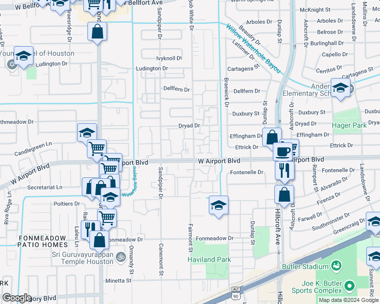 map of restaurants, bars, coffee shops, grocery stores, and more near in Houston