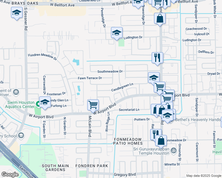 map of restaurants, bars, coffee shops, grocery stores, and more near 7907 Candle Green Lane in Houston