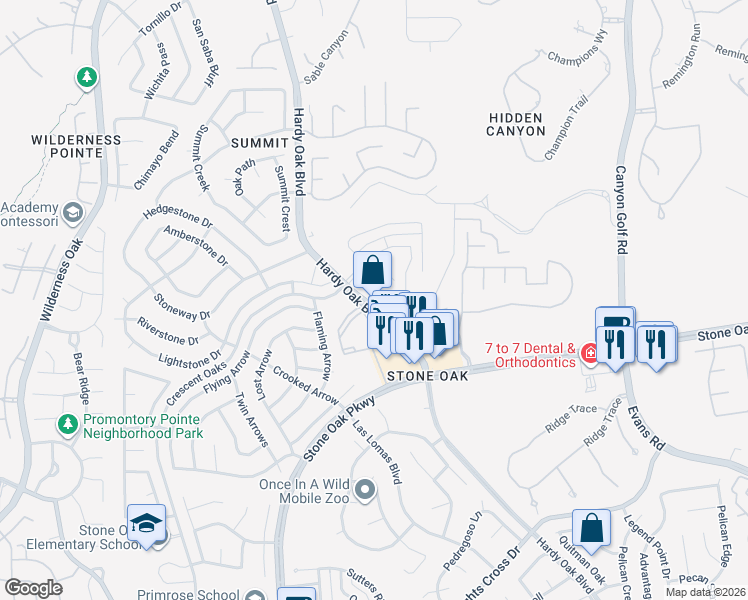 map of restaurants, bars, coffee shops, grocery stores, and more near 21732 Hardy Oak Boulevard in San Antonio