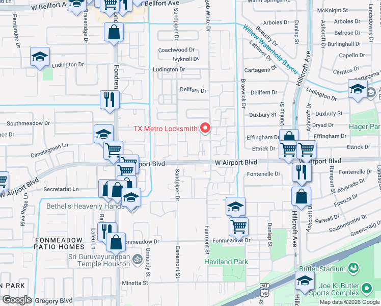 map of restaurants, bars, coffee shops, grocery stores, and more near 12251 Lemon Ridge Lane in Houston