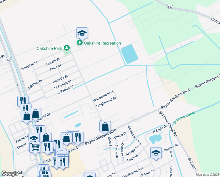 map of restaurants, bars, coffee shops, grocery stores, and more near 3299 Boxwood Drive in Houma