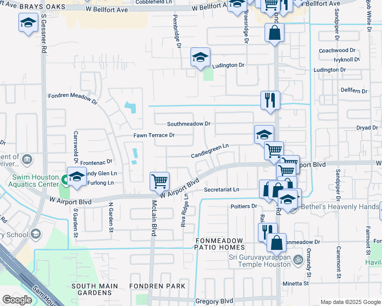 map of restaurants, bars, coffee shops, grocery stores, and more near 7907 Candle Green Lane in Houston