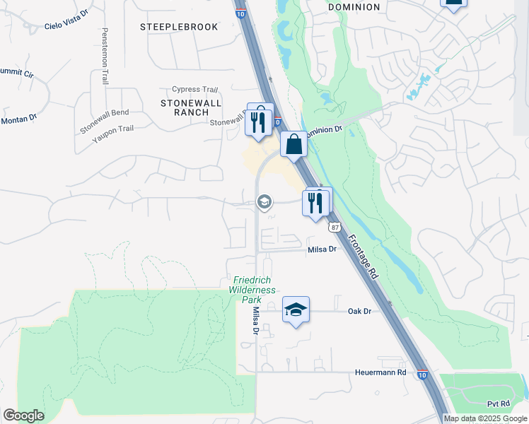 map of restaurants, bars, coffee shops, grocery stores, and more near 21822 Stonewall Parkway in San Antonio