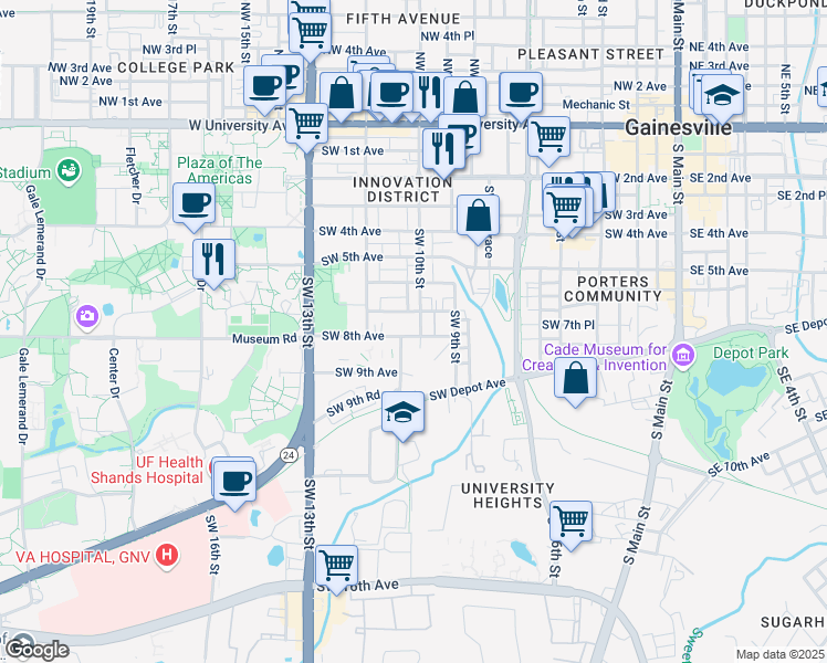 map of restaurants, bars, coffee shops, grocery stores, and more near 815 Southwest 10th Street in Gainesville