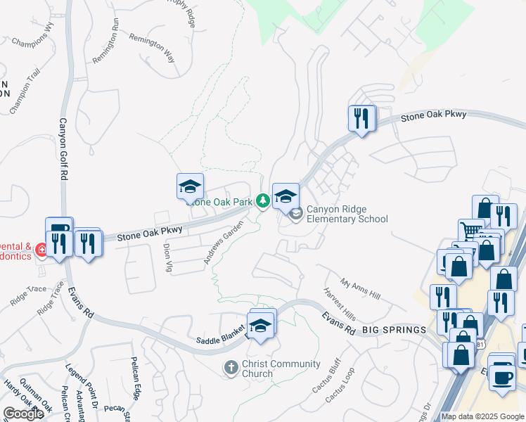 map of restaurants, bars, coffee shops, grocery stores, and more near 20395 Stone Oak Parkway in San Antonio