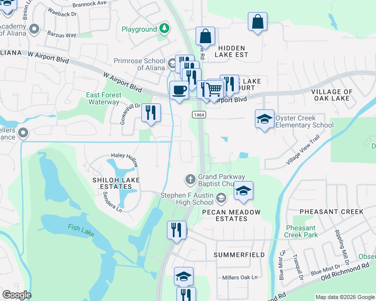 map of restaurants, bars, coffee shops, grocery stores, and more near 16810 Lessels Lane in Richmond