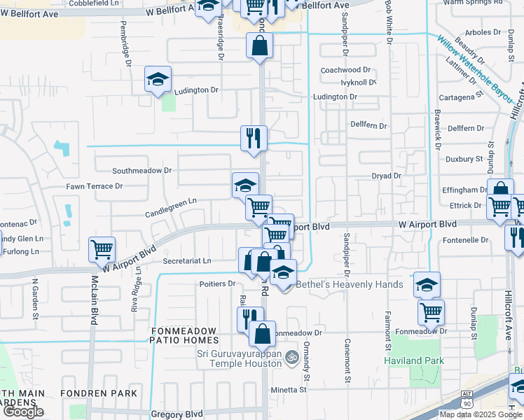 map of restaurants, bars, coffee shops, grocery stores, and more near 12212 Fondren Road in Houston