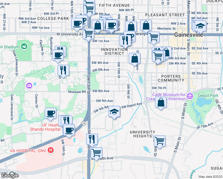 map of restaurants, bars, coffee shops, grocery stores, and more near 1122 East Panhellenic Drive in Gainesville