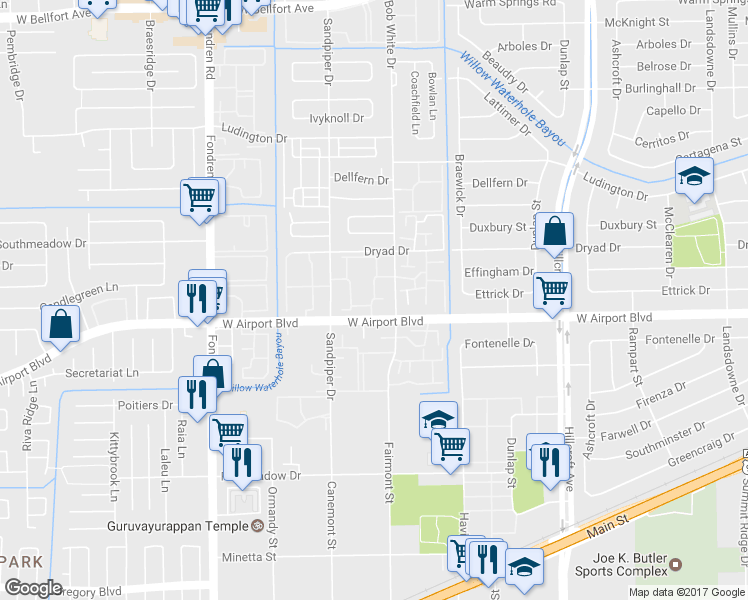 map of restaurants, bars, coffee shops, grocery stores, and more near 6335 Shadow Tree Drive in Houston
