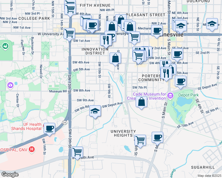 map of restaurants, bars, coffee shops, grocery stores, and more near 812 Southwest 8 Street in Gainesville