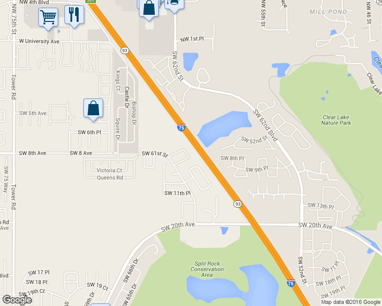 map of restaurants, bars, coffee shops, grocery stores, and more near 845 Southwest 60 Terrace in Gainesville