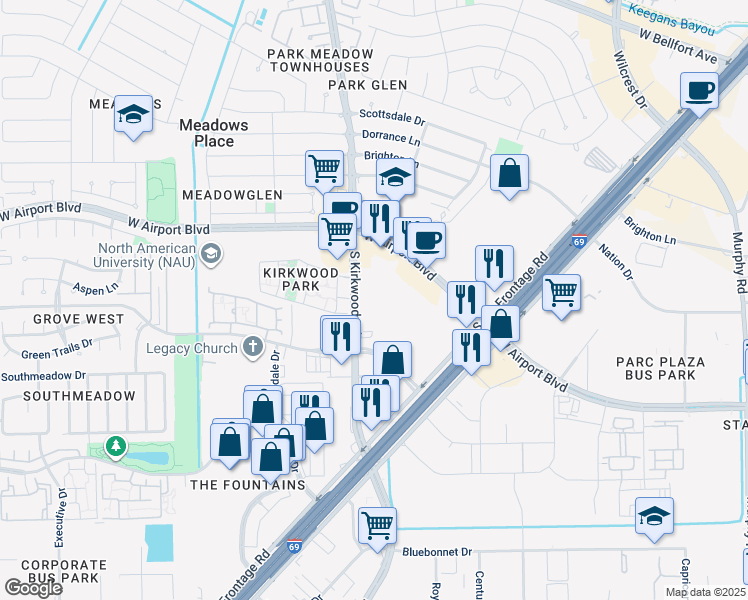 map of restaurants, bars, coffee shops, grocery stores, and more near 12371 South Kirkwood Road in Stafford