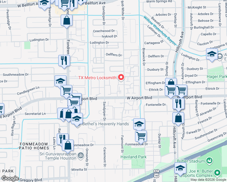 map of restaurants, bars, coffee shops, grocery stores, and more near 6335 Shadow Tree Drive in Houston