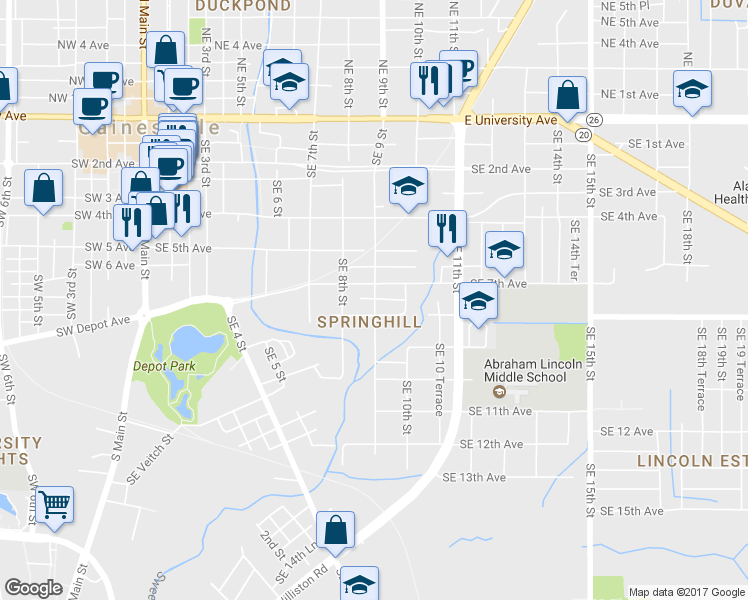 map of restaurants, bars, coffee shops, grocery stores, and more near 716 Southeast 9 Street in Gainesville