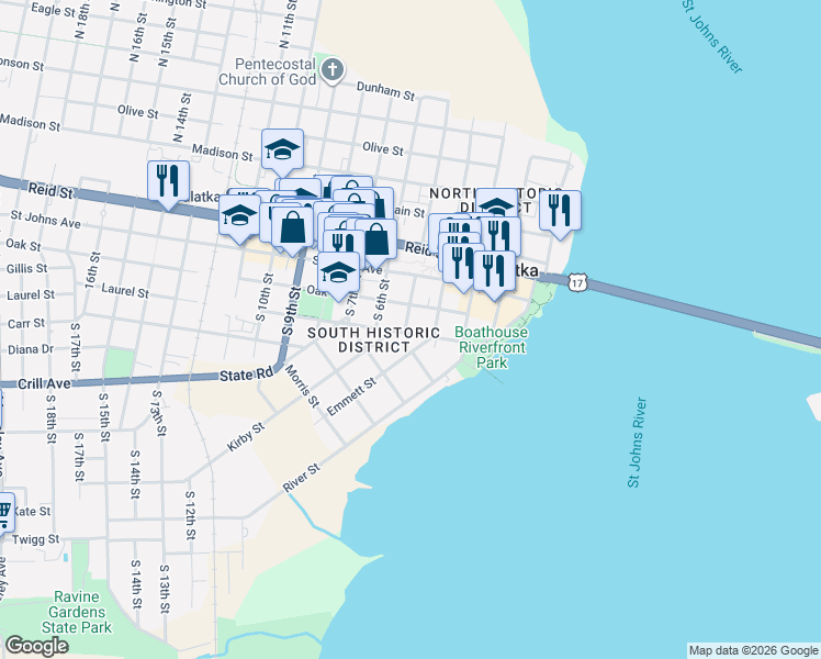 map of restaurants, bars, coffee shops, grocery stores, and more near 313 Emmett Street in Palatka