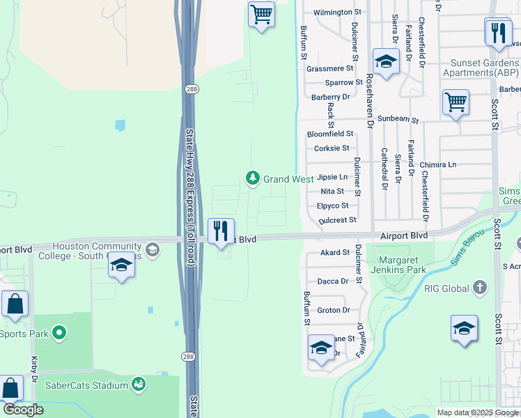 map of restaurants, bars, coffee shops, grocery stores, and more near 3046-3072 Airport Blvd in Houston