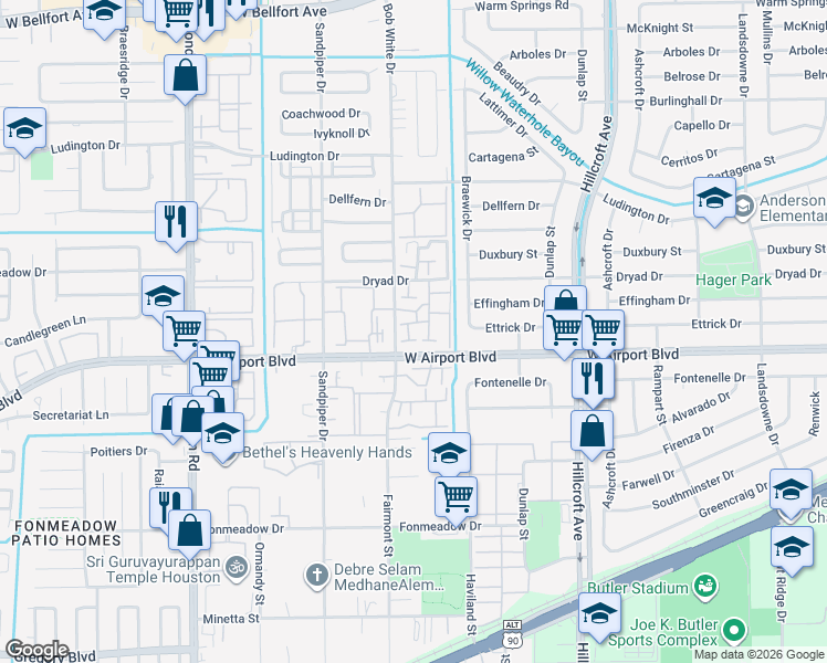 map of restaurants, bars, coffee shops, grocery stores, and more near 6160 West Airport Boulevard in Houston