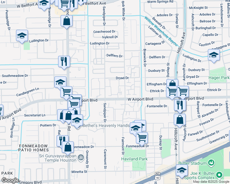 map of restaurants, bars, coffee shops, grocery stores, and more near 6335 Shadow Tree Drive in Houston