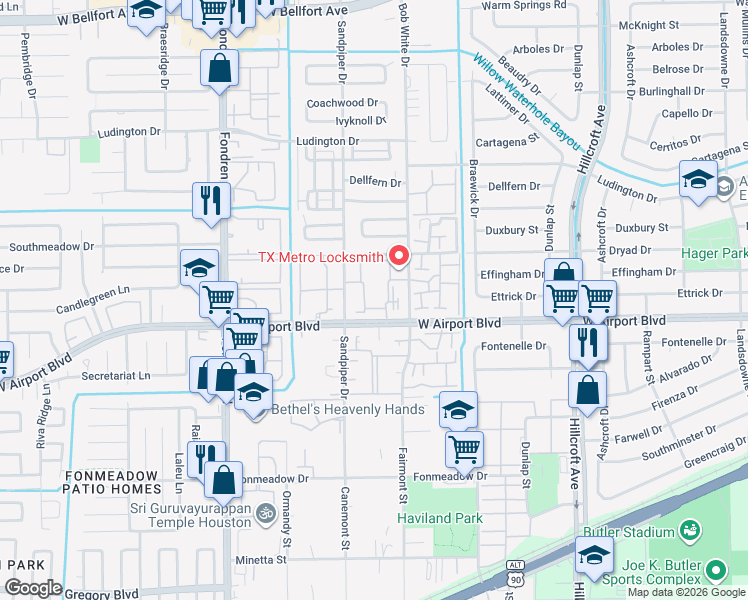 map of restaurants, bars, coffee shops, grocery stores, and more near 6335 Shadow Tree Drive in Houston