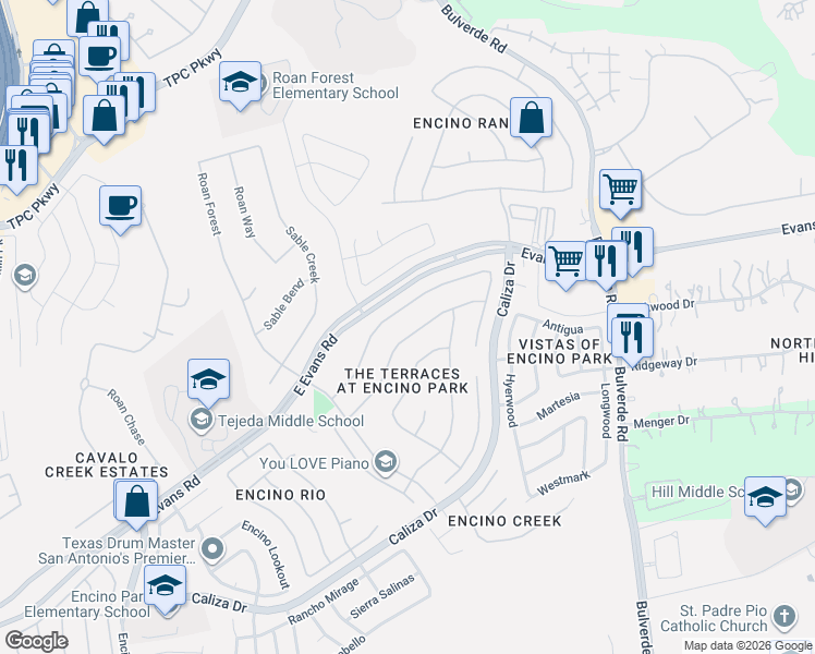 map of restaurants, bars, coffee shops, grocery stores, and more near 3510 Edge View in San Antonio